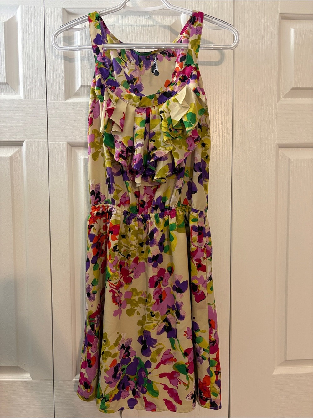 Women’s Floral Ruffle Tank Dress - Cream with Pink, Purple & Green